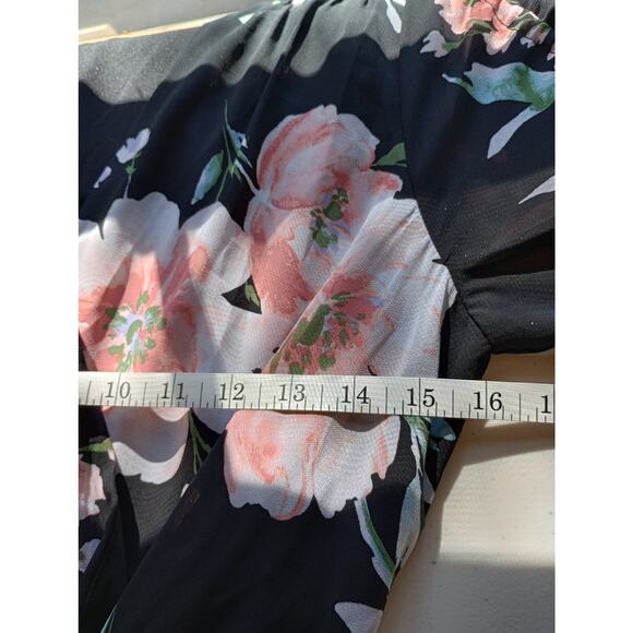 Luxology Women's V Neck Dress Long Sleeve Size 8 Black Pink Floral Short Lined - Picture 7 of 8